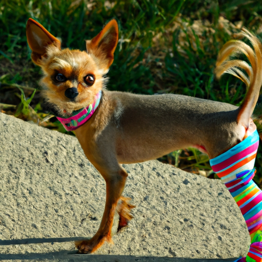 טרייר קטן שמציג בשמחה את גרבי הכלבים הצבעוניים שלו.